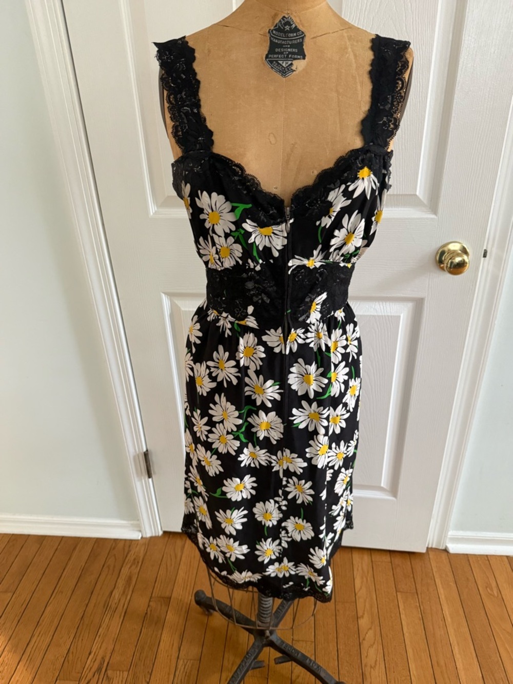 Betsey Johnson Black Midi Dress with White & Yellow Daisy Print